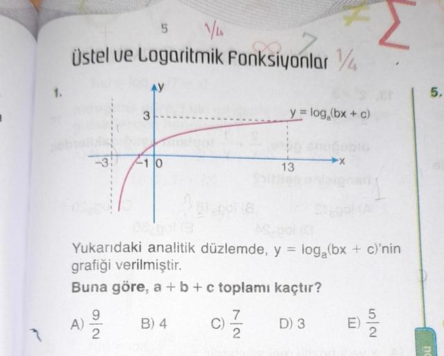 1.
1/4
Üstel ve Logaritmik Fonksiyonlar 14
A)
5
9
2
-10
-
Yukarıdaki analitik düzlemde, y = log₂(bx + c)'nin
grafiği verilmiştir.
Buna göre, a + b + c toplamı kaçtır?
B) 4
C)
y = log₂ (bx + c)
7
2
13
D) 3
E)
5.
no