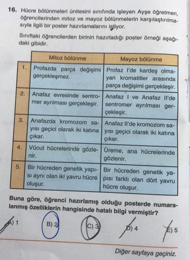 16. Hücre bölünmeleri ünitesini sınıfında işleyen Ayşe öğretmen,
öğrencilerinden mitoz ve mayoz bölünmelerin karşılaştırılma-
sıyla ilgili bir poster hazırlamalarını istiyor.
Sınıftaki öğrencilerden birinin hazırladığı poster örneği aşağı-
daki gibidir.
1.