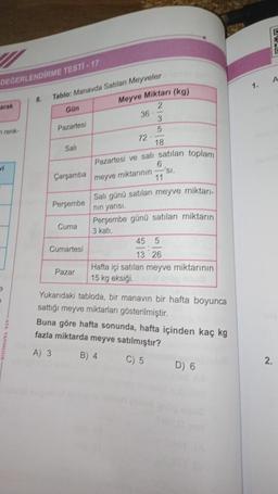 DEĞERLENDİRME TESTI-17
arak
renk-
9
e
8.
Tablo: Manavda Satılan Meyveler
Gün
Pazartesi
Sali
Perşembe
Cuma
Meyve Miktarı (kg)
2
Cumartesi
Çarşamba meyve miktarının
Pazar
36
72.
3
5
18
Pazartesi ve salı satılan toplam
6
11
'SI.
Salı günü satılan meyve miktarı-
nın yarısı.
Perşembe günü satılan miktarın
3 kati.
45 5
13 26
Hafta içi satilan meyve miktarının
15 kg eksiği.
Yukarıdaki tabloda, bir manavın bir hafta boyunca
sattığı meyve miktarları gösterilmiştir.
Buna göre hafta sonunda, hafta içinden kaç kg
fazla miktarda meyve satılmıştır?
A) 3
B) 4
C) 5
D) 6
1.
A
2.