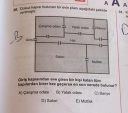 28. Dokuz kapısı bulunan bir evin planı aşağıdaki şekilde
verilmiştir.
B
Giriş
Çalışma odası
HH
H
Salon
Yatak odası
H
Hol
AAA
Mutfak
Banyo
E) Mutfak
Giriş kapısından eve giren bir kişi kalan tüm
kapılardan birer kez geçerse en son nerede bulunur?
A) Çalışma odası B) Yatak odası
C) Banyo
D) Salon
31. K
a