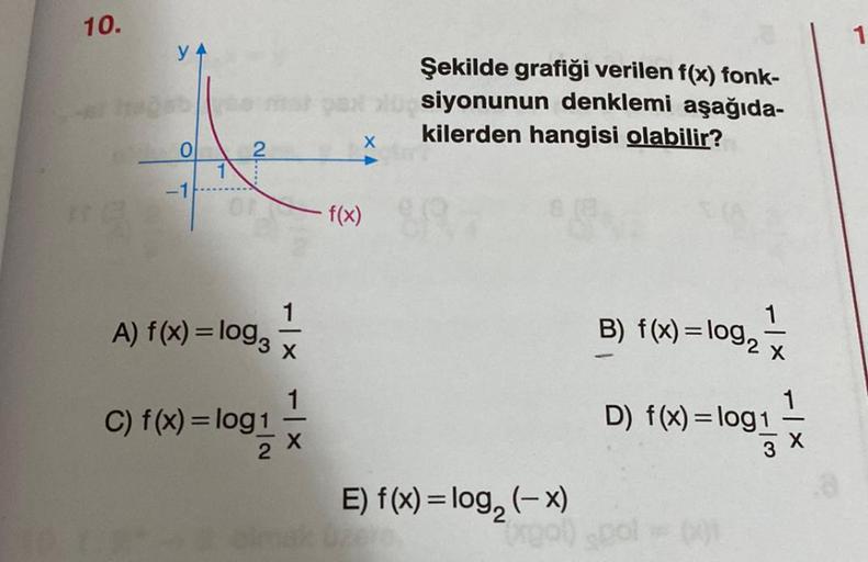 10.
y A
0
-1
N
1
3 x
A) f(x) = log3
C) f(x) = log1
2
cim
1
X
Şekilde grafiği verilen f(x) fonk-
paxsiyonunun denklemi aşağıda-
kilerden hangisi olabilir?
X
- f(x)
E) f(x) = log₂ (-x)
09₂2 ²1/12
X
B) f(x) = log₂
D) f(x) = log1
3
xgol) pol = (01
1
X