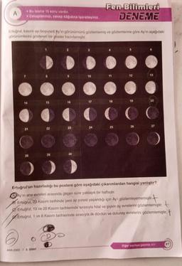 A
*Bu testte 15 soru vardır.
* Cevaplarınızı, cevap kâğıdına işaretleyiniz.
Ertuğrul, kasım ayı boyunca Ay'ın görünümünü gözlemlemiş ve gözlemlerine göre Ay'ın aşağıdaki
görünümlerini gösteren bir poster hazırlamıştır.
14
21
28
15
ANK-2303 / 5. SINIF
●
22
29
16
23
30
10
17
Fen Bilimleri
DENEME
24
11
18
O
25
12
19
26
13
20
Ertuğrul'un hazırladığı bu postere göre aşağıdaki çıkarımlardan hangisi yanlıştır?
Ay'ın ana evreleri arasında geçen süre yaklaşık bir haftadır.
Ertuğrul, 23 Kasım tarihinde yeni ay evresi yaşandığı için Ay'ı gözlemleyememiştir.
Ertuğrul, 13 ve 20 Kasım tarihlerinde sırasıyla hilal ve şişkin ay evrelerini gözlemlemiştir.
Ertuğrul, 1 ve 8 Kasım tarihlerinde sırasıyla ilk dördün ve dolunay evrelerini gözlemlemiştir.
DO
27
Diğer sayfaya geçiniz.
