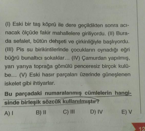 (1) Eski bir taş köprü ile dere geçildikten sonra acı-
nacak ölçüde fakir mahallelere giriliyordu. (II) Bura-
da sefalet, bütün dehşeti ve çirkinliğiyle başlıyordu.
(III) Pis su birikintilerinde çocukların oynadığı eğri
büğrü bunaltıcı sokaklar... (IV) Çam