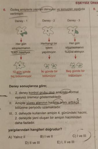 6. Özdeş amiplerle yapılan deneyler ve sonuçları aşağıda
verilmiştir.
Deney - 1
Her gün
sitoplazmanın
%40'ı kesiliyor.
10 gün içinde
hiç bölünmüyor.
Deney - 2
↓
Herhangi bir
işlem
yapılmıyor.
B
İki günde bir
bölünüyor.
D) II ve III
EŞEYSİZ ÜREN
8.
Deney-3