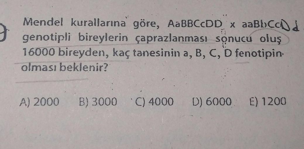 Mendel kurallarına göre, AaBBCCDD x aaBb Cc D d
genotipli bireylerin çaprazlanması sonucu oluş
16000 bireyden, kaç tanesinin a, B, C, D fenotipin
olması beklenir?
(2
A) 2000 B) 3000 C) 4000 D) 6000 E) 1200