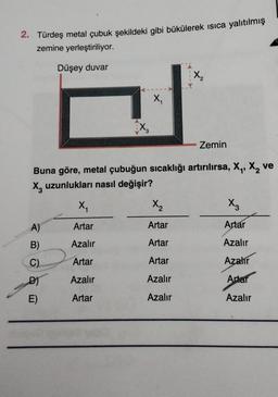 2. Türdeş metal çubuk şekildeki gibi bükülerek ısıca yalıtılmış
zemine yerleştiriliyor.
Düşey duvar
A)
B)
D)
E)
X3
X₁
Artar
Azalır
Artar
Azalır
Artar
X₁
Buna göre, metal çubuğun sıcaklığı artırılırsa, X₁, X₂ ve
X₂ uzunlukları nasıl değişir?
X₂
X₂
Artar
Artar
Artar
Azalır
Azalır
Zemin
X3
Artar
Azalır
Azalır
Artar
Azalır