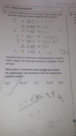 TYT/TEMEL MATEMATİK
17. A isimli bir futbol takımının oynadığı 7 maçta sadece rakip
takımların attığı gol sayıları aşağıdaki gibi verilmiştir.
(1,6)
A
C
A) 2
D
3 A
3 A
H
A
M
-2 B
1-0 + (1)
2-0 A (1,0)
0-1
☐-0
20
2-0 A
B) 2,5
9g1
1,0)
Kazanan takımın ismi kırmızı renkle yazılmıştır. A takımı,
hiçbir maçta 3'ten fazla gol atmamiş ve toplamda 12 gol
atmıştır.
E (2/3)-
(1.773)
F
A
Buna göre, A takımının atmış olduğu gol sayıları
ile oluşturulan veri grubunun mod ve medyanının
toplamı kaçtır?
XX
Belge Garnal.
C) 3
D) 3,5
X1433
1,1
3
E) 4
19. Bir
kıs
ki
şe
(3-c)