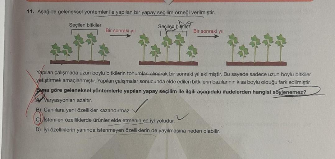 11. Aşağıda geleneksel yöntemler ile yapılan bir yapay seçilim örneği verilmiştir.
Seçilen bitkiler
Seçilen bitkiler
biker
Bir sonraki yıl
Bir sonraki yıl
Yapılan çalışmada uzun boylu bitkilerin tohumları alınarak bir sonraki yıl ekilmiştir. Bu rede sadece