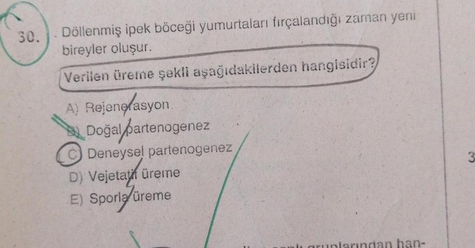 30.
Döllenmiş ipek böceği yumurtaları fırçalandığı zaman yeni
bireyler oluşur.
Verilen üreme şekli aşağıdakilerden hangisidir?
A) Rejenerasyon
Doğal partenogenez
Deneysel partenogenez
D) Vejetatif üreme
E) Sporla üreme
inli gruplarından han-