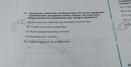 17. Hayvanlar aleminde sınıflandırılan bir türün aşağıdaki
özelliklerden hangisine sahip olması, bu hayvanın
eklembacaklılar şubesinde yer aldığını gösterir?
A) Vücudunun dışında dış iskeletin bulunması
B) Trake solunumu yapması
C) Açık dolaşıma sahip olması
D) Kanatlarının olması
E) Partenogenez ile çoğalması
C
Oksijen Yayınları
özellikler
yanlıştır?
A) Röze
B) S öz-
C) T Öz
D) U a
E) S
20