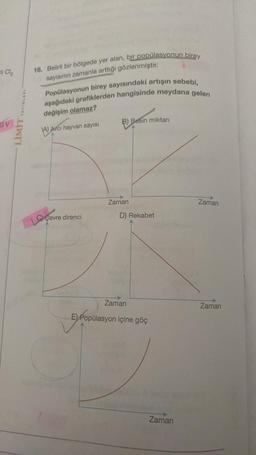 Hi Cl₂
YAYINLARI
LİMİT
16. Belirli bir bölgede yer alan, bir popülasyonun birey
sayısının zamanla arttığı gözlenmiştir.
Popülasyonun birey sayısındaki artışın sebebi,
aşağıdaki grafiklerden hangisinde meydana gelen
değişim olamaz?
A) Avcı hayvan sayısı
C) Cevre direnci
B) Besin miktarı
Zaman
D) Rekabet
Zaman
E) Popülasyon içine göç
Zaman
Zaman
Zaman
