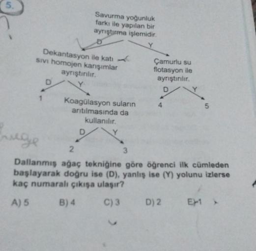 5.
Dekantasyon ile katı
Sivi homojen karışımlar
1
Savurma yoğunluk
farkı ile yapılan bir
ayrıştırma işlemidir.
D
Y
D
ayrıştırılır.
Y
Koagülasyon suların
arıtılmasında da
kullanılır.
Çamurlu su
flotasyon ile
ayrıştırılır.
D
Y
4
5
Luege
2
3
Dallanmış ağaç te