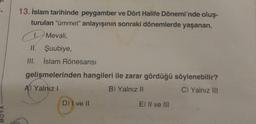 13. İslam tarihinde peygamber ve Dört Halife Dönemi'nde oluş-
turulan "ümmet" anlayışının sonraki dönemlerde yaşanan,
9
Mevali,
II. Şuubiye,
III. İslam Rönesansı
gelişmelerinden hangileri ile zarar gördüğü söylenebilir?
A) Yalnız I
B) Yalnız II
C) Yalnız III
D) I ve II
E) II ve III