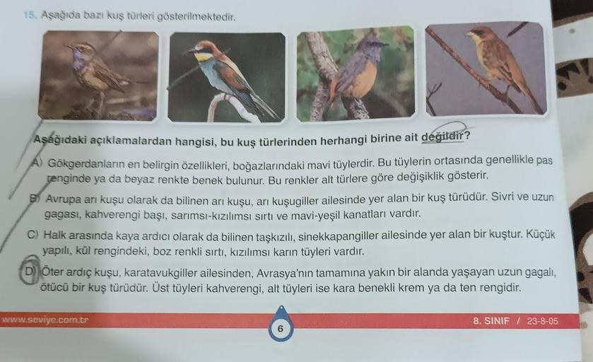 15. Aşağıda bazı kuş türleri gösterilmektedir.
Aşağıdaki açıklamalardan hangisi, bu kuş türlerinden herhangi birine ait değildir?
A) Gökgerdanların en belirgin özellikleri, boğazlarındaki mavi tüylerdir. Bu tüylerin ortasında genellikle pas
renginde ya da