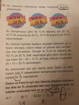 26. Bir restoranın düzenlemiş olduğu kampanya aşağıda
gösterilmiştir.
30 TL'ye
20 TL
öde
40 TL'ye
25 TL
öde
Bu kampanyaya göre 30 TL'lik alışveriş için 20 TL,
40 TL'lik alışveriş için 25 TL, 70 TL'lik alışveriş için 45 TL
ödenmektedir.
Bu restoran belirtilen fiyatların dışındaki ödemeler için o
fiyatın altındaki, indirim miktarı en yüksek olan kampan-
yayı baz almaktadır. Örneğin 50 TL'lik bir alışveriş için
"40 TL'ye 25 TL öde" seçeneğine göre işlem yapılıp ge-
riye kalan 50- 40 = 10 TL de ilave edilerek müşteriden
25+ 10 = 35 TL alınmaktadır.
70 TL'ye
45 TL
öde
Bu restorandan ayrı ayrı sipariş veren Özlem ve Pelin .
toplam 120 TL ödeyecekken kampanyadan faydalanarak
toplam 85 TL ödemişlerdir.
B) 17
Özlem ve Pelin'in ayrı ayrı ödemiş oldukları tutarların
her ikisi de TL cinsinden tam sayı olduğuna göre, bu
tutarlar arasındaki fark en az kaç TL'dir
qu
C) 27
D) 29
#) 42 2/
A) 7
R9
81