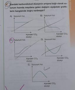 Kandaki karbondioksit düzeyinin artışına bağlı olarak so-
lunum hızında meydana gelen değişim aşağıdaki grafik-
lerin hangisinde doğru verilmiştir?
A) Solunum hızı
B) Solunum hızı
(C) Solunum hızı
Kandaki CO2
düzeyi
Kandaki CO2
düzeyi
D) Solunum hızı
E) Solunum hızı
Kandaki CO2
düzeyi
Kandaki CO2
düzeyi
Kandaki CO₂
düzeyi
M SİSTEMİ