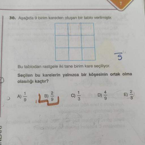 30. Aşağıda 9 birim kareden oluşan bir tablo verilmiştir.
Bu tablodan rastgele iki tane birim kare seçiliyor.
Seçilen bu karelerin yalnızca bir köşesinin ortak olma
olasılığı kaçtır?
A) 1/1/1
2B B)
6
g
(C) 1/13
col
D) 13
E) ²/3