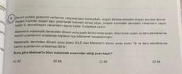 gang
9. Devirli ondalık gösterimi verilen bir rasyonel sayı bulunurken, virgülü dikkate almadan oluşan sayidan devret-
meyen kısımda oluşan sayı çıkarılarak bulunan sonuç paya, ondalık kısımdaki devreden rakamların sayısı
kadar 9, devretmeyen rakamların sayısı kadar 0 paydaya yazılır.
Mehmet'in matematik dersindeki dönem sonu puanı birinci sınav puanı, ikinci sınav puanı ve ders etkinliklerine
katılım puanlarının ortalaması toplanıp üçe bölünerek hesaplanmıştır.
Matematik dersinden dönem sonu puani 83,6 olan Mehmet'in birinci sınav puanı 78 ve ders etkinliklerine
katılım puanlarının ortalaması 85'tir.
Buna göre Mehmet'in ikinci matematik sınavından aldığı puan kaçtır?
C) 86
A) 90
B) 88
D) 84