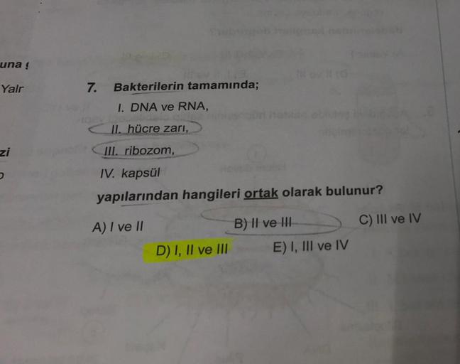 una !
Yair
zi
5
7. Bakterilerin tamamında;
I. DNA ve RNA,
II. hücre zarı,
III. ribozom,
IV. kapsül
yapılarından hangileri ortak olarak bulunur?
A) I ve II
D) I, II ve III
B) II ve III
E) I, III ve IV
C) III ve IV