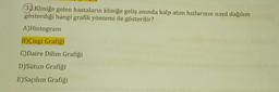 32.Kliniğe gelen hastaların kliniğe geliş anında kalp atım hızlarının nasıl dağılım
gösterdiği hangi grafik yöntemi ile gösterilir?
A)Histogram
B)Çizgi Grafiği
C)Daire Dilim Grafiği
D)Sütun Grafiği
E)Saçılım Grafiği