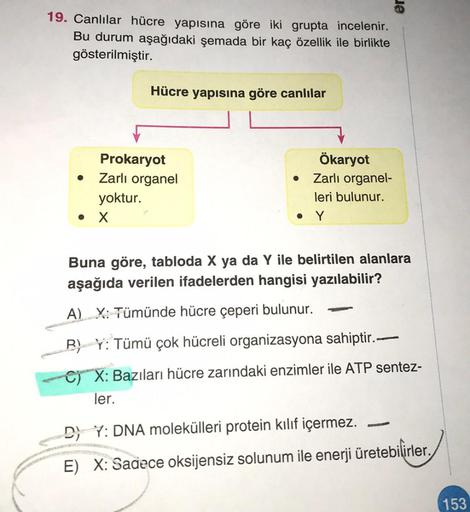 19. Canlılar hücre yapısına göre iki grupta incelenir.
Bu durum aşağıdaki şemada bir kaç özellik ile birlikte
gösterilmiştir.
Hücre yapısına göre canlılar
Prokaryot
Zarlı organel
yoktur.
• X
●
Ökaryot
Zarlı organel-
leri bulunur.
e
Buna göre, tabloda X ya