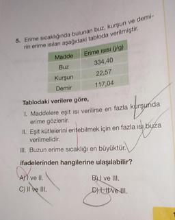 5. Erime sıcaklığında bulunan buz, kurşun ve demi-
rin erime ısıları aşağıdaki tabloda verilmiştir.
Madde
Buz
Kurşun
Demir
A) ve II.
C) II ve III.
Erime Isısı (j/g)
334,40
22,57
117,04
Tablodaki verilere göre,
1. Maddelere eşit ısı verilirse en fazla kurşunda
erime gözlenir.
argarita
II. Eşit kütlelerini eritebilmek için en fazla isi buza
verilmelidir.
III. Buzun erime sıcaklığı en büyüktür.
ifadelerinden hangilerine ulaşılabilir?
B) ve III.
D) I, II ve III.