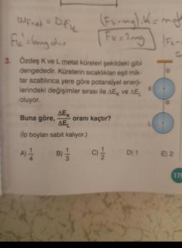 WFnet = DFK
Fix = long dur
(Furma) K = mak
[Fx = 2ong (Fu-
S
3. Özdeş K ve L metal küreleri şekildeki gibi
dengededir. Kürelerin sıcaklıkları eşit mik-
tar azaltılınca yere göre potansiyel enerji-
lerindeki değişimler sırası ile AEK ve AEL
oluyor.
AEK
Buna göre,
AE₁
(ip boyları sabit kalıyor.)
A) 1/14
B) 1/12
oranı kaçtır?
(C) 2/1/2
D) 1
E) 2
179