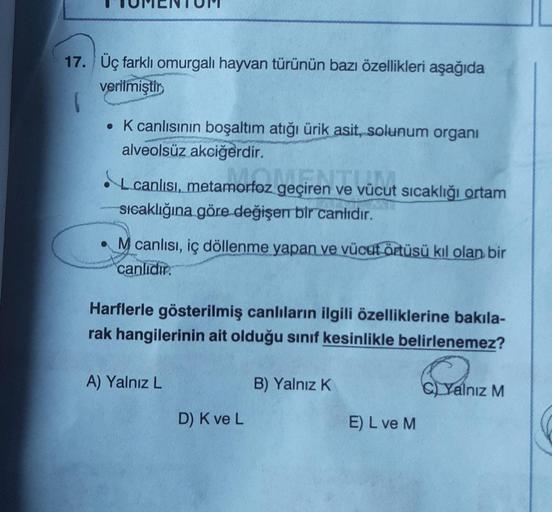 17.
Üç farklı omurgalı hayvan türünün bazı özellikleri aşağıda
verilmiştir
1
. K canlısının boşaltım atığı ürik asit, solunum organi
alveolsüz akciğerdir.
MENT
giren ve vücut
L canlısı, metamorfoz geçiren ve vücut sıcaklığı ortam
sıcaklığına göre değişen b