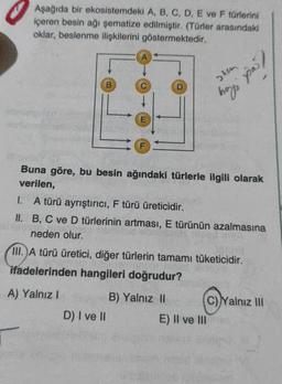 Aşağıda bir ekosistemdeki A, B, C, D, E ve F türlerini
içeren besin ağı şematize edilmiştir. (Türler arasındaki
oklar, beslenme ilişkilerini göstermektedir.
B
1.
C
D
D) I ve II
yas?
Buna göre, bu besin ağındaki türlerle ilgili olarak
verilen,
Dech
A türü ayrıştırıcı, F türü üreticidir.
II. B, C ve D türlerinin artması, E türünün azalmasına
neden olur.
hoja
III.A türü üretici, diğer türlerin tamamı tüketicidir.
ifadelerinden hangileri doğrudur?
A) Yalnız I
B) Yalnız II
E) II ve III
C) Yalnız III