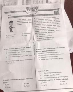 Leccs
0.0
Hazırlayan: MEVLODE OLCAYTÜRK
FEN
5. SINIF
A) Eşit kollu terazi
C) Termometre
DERSS
LIG
www.derslig.com
KUVVETİN ÖLÇÜLMESİ VE SÜRTÜNME
A) Yay
C) Singer
ölçmek isteyen
Kuvveti
öğrenci aşağıdaki aletlerden
hangisini kullanarak bunu
yapabilir?
B) Dinamometre
D) Cetvel
2-Aşağ da verilen ifadelerden hangisi yanlıştır?
A) kuvvet, dinamometre ile ölçülür.
B) Dinamometreye fazla kuvvet uygulanırsa
yayların esnekliği bozulur.
C) Cismin kütlesi arttıkça yayın uzama miktarı
artar.
D) Hassas ölçüm yapan dinamometrelerde kalın
yay kullanılır.
3- Aşağ da verilenlerden hangisi esnek bir cisim
değildir?
B) Lastik
D) Plastik
4- Yerde duran tahta bir kutuyu iterseniz yani
kuvvet uygularsanız, hareket etmesine engel olan
Bir cismin
bir etki olduğunu fark edersiniz.
hareketine zit yönde olan bu etkiye sürtünme
kuvveti denir. Birbirine temas eden iki cismin
yüzeyleri arasındaki pürüzlülükten dolayı oluşur.
kuvvetinin günlük hayatta
Sürtünme
etkilerinin yanında olumsuz etkileri de vardır.
verilenlerin hangisinde sürtünme
Aşağıda
kuvvetinin olumsuz bir etkisi vardır?
olumlu
A) Yazı yazmak
B) Kalecinin topu tutabilmesi
C) Mekanik parçaların aşınması
D) Otomobillerin durabilmesi
www.derslig.com
5-Aşağıda verilen olayların hangisinde sürtünme
kuvvetini azaltmak amaçlanmıştır?
A) Uçaklanın uç kısmının sivri yapılması
B) Otomobillerin tekerleklerine zincir takılması
C) Futbolcuların krampon giymesi
D) Uçaktan atlayan kişinin paraşüt takması
6- Kuvvet ile ilgili;
1.
Cisimlerin şeklini değiştirebilir.
Kuvvetin birimi Newton'dır.
Kuvvetin uygulanması için temas gerekir.
ifadelerinden hangisi ya da hangileri doğrudur?
A) Yalnız I
B) I ve II
C) II ve III
D) I, II ve III
II.
III.