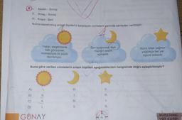 (8) 1.
Neden - Sonuç
Amaç - Sonuç
A)
B)
II.
III. Koşul - Şart
Numaralandırılmış anlam ilişkilerini karşılayan cümlelerin yanında semboller verilmiştir:
Yazar, eleştirmene
tatlı görünmek
maksadıyla iki yüzlü
davranıyor.
Buna göre verilen cümlelerin anlam ilişkileri aşağıdakilerden hangisinde doğru eşleştirilmiştir?
)
1.
-1=1=
D)
GUNAY
Sen uyuyorsun diye
müziğin sesint
açmadık.
III.
1.
III.
II.
II.
III.
I.
III.
Bizim köye yağmur
yağdıkça her yer
toprak kokardı.
gelin
BUMERANG
YAZ KAMPI