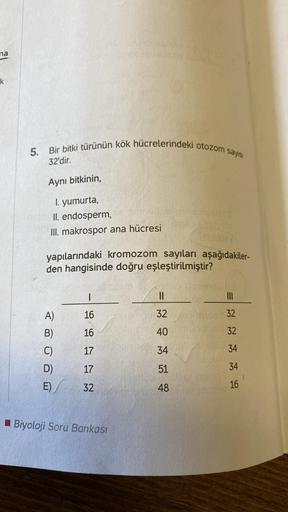 na
k
5. Bir bitki türünün kök hücrelerindeki otozom sayısı
32'dir.
Aynı bitkinin,
I. yumurta,
II. endosperm,
III. makrospor ana hücresi
yapılarındaki kromozom sayıları aşağıdakiler-
den hangisinde doğru eşleştirilmiştir?
A)
B)
C)
D)
E)
I
≈ 5 5 5 5
16
16
17