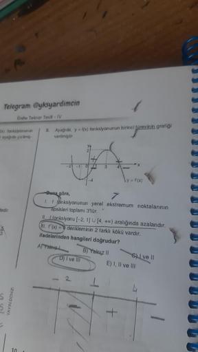 Telegram: @yksyardimcin
Unite Tekrar Testi - IV
(x) fonksiyonunun 9. Aşağıda, y = f(x) fonksiyonunun birinci türevinin grafiği
aşağıda çizilmiş-
verilmiştir.
tedir.
3
YAYIN DENİZİ
10
Buna göre,
1. f fonksiyonunun yerel ekstremum noktalarının
apsisleri topl