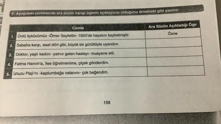 F. Aşağıdaki cümlelerde ara sözün hangi ögenin açıklayıcısı olduğunu örnekteki gibi yazınız.
Cümle
1. Ünlü öykücümüz -Ömer Seyfettin- 1920'de hayatını kaybetmiştir.
2. Sabaha karşı, saat dört gibi, büyük bir gürültüyle uyandım.
3. Doktor, yaşlı kadını -yal