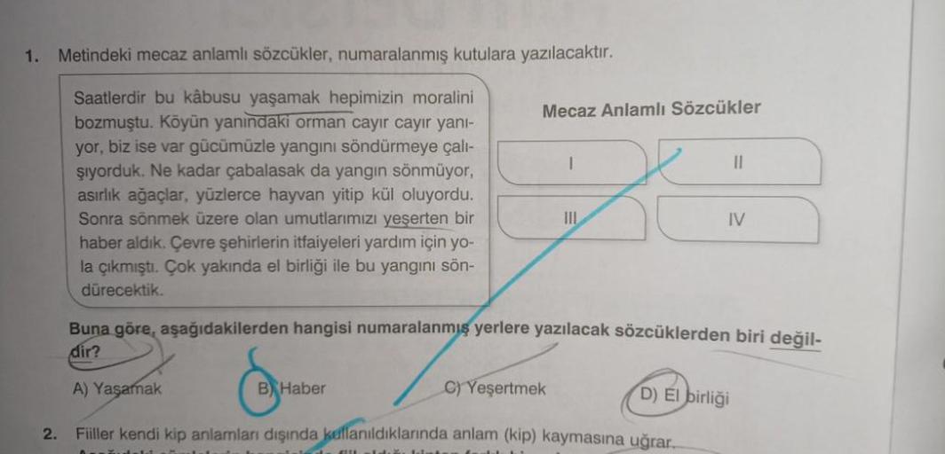 1. Metindeki mecaz anlamlı sözcükler, numaralanmış kutulara yazılacaktır.
Saatlerdir bu kâbusu yaşamak hepimizin moralini
bozmuştu. Köyün yanındaki orman cayır cayır yanı-
yor, biz ise var gücümüzle yangını söndürmeye çalı-
şıyorduk. Ne kadar çabalasak da 