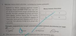 1. Metindeki mecaz anlamlı sözcükler, numaralanmış kutulara yazılacaktır.
Saatlerdir bu kâbusu yaşamak hepimizin moralini
bozmuştu. Köyün yanındaki orman cayır cayır yanı-
yor, biz ise var gücümüzle yangını söndürmeye çalı-
şıyorduk. Ne kadar çabalasak da yangın sönmüyor,
asırlık ağaçlar, yüzlerce hayvan yitip kül oluyordu.
Sonra sönmek üzere olan umutlarımızı yeşerten bir
haber aldık. Çevre şehirlerin itfaiyeleri yardım için yo-
la çıkmıştı. Çok yakında el birliği ile bu yangını sön-
dürecektik.
2.
Mecaz Anlamlı Sözcükler
B Haber
I
III
11
Buna göre, aşağıdakilerden hangisi numaralanmış yerlere yazılacak sözcüklerden biri değil-
dir?
A) Yaşamak
C) Yeşertmek
Fiiller kendi kip anlamları dışında kullanıldıklarında anlam (kip) kaymasına
D) El birliği
uğrar..
IV