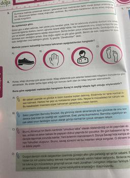 doğa
KOLEJI
3.
Kurmaca metinde anlatılmak istenen, geleneksel bazı metinlerden farklı olarak dolaylı anlatımla ve.
rilir. Okuyucuya iletilen mesaj doğrudan verilmez. Bu metinlerin karakterleri de bu amaç doğrultu
sunda kurgulanır.
Bu açıklamaya göre,
Bütün gün o elleri cebinde, ben yerde yolu beraber çıktık. Her bir adımında söylenip durdum ona üstelik
benimle ilgilenip doktoru benim uğruma ziyaret ettiği hâlde. Her hareketinde onu, oraya buraya itip çeki
yor ve sürekli yalpalamasına sebep oluyordum. Sonra birden yolun ortasında durdu. Durduğunda söy
lenmeye son verdiğimi anladı. Öne doğru eğildi ve göz göze geldik. Benim de eski, bağcıksız bir ayak-
kabı deliğinden ona baktığımı gördü. İç geçirip "Zavallıcıklar!" dedi.
Metinde yazarın bahsettiği kurmaca kahraman aşağıdakilerden hangisidir?
A)
A)
B)
C)
D)
0
B)
4. Koray, kitap okumayı çok seven biridir. Kitap sitelerinde çok satanlar listesindeki kitapların konularına göz
atmaktadır. Bu aralar tarihe ilgisi arttığı için konusu tarih olan bir kitap seçmek istemektedir.
Buna göre aşağıdaki metinlerden hangisinin Koray'ın seçtiği kitapla ilgili olduğu söylenebilir?
0
C)
D)
...O
0⁰⁰..
1.
Bir sabah uyandık ve gördük ki bizim kasaba toptan delirmiş. Etrafımda bir tane normal in-
san kalmadı. Herkes her şeyi uç noktalarda yaşar oldu. Neyse ki mücadeleci bir ruhum var.
Bu kasabadaki insanlara süper kahraman gerekliyse o kesin benim.
Aşa
Sekiz yaşındaki Barnoby Brocket, dış görünüş olarak akranlarıyla aynı gözükse de onu son
derece özel kılan bir özelliği var: uçabilmek. Evet, yanlış duymadınız. Barnoby uçabiliyor an-
cak ailesi onun farklılığını sorun olarak görüp normal bir çocuk olmasını istiyor.
Bruno, Almanya'nın Berlin kentinde "umutsuz vaka" olarak nitelendirdiği on iki yaşındaki ab-
lası, annesi ve asker babası ile yaşayan dokuz yaşında bir çocuktur. Bir gün babasının işi ne-
deniyle taşınmak zorunda kalırlar. Yeni evlerinin manzarasını II. Dünya Savaşı'nda kampa ali-
nan Yahudiler oluşturur. Bruno, savaş sürecini ve bu insanları sıkça sorgular. O dönemi bi-
ze âdeta yaşatır.
Durgun denizin minik dalgacıkları üzerinde güneşin altın gibi parladığı ışıl ışıl bir sabahtı. S
hilden bir mil uzakta balıkçı teknesi martılara kahvaltı vaktini haber veriyordu. Binlerce ma
bir lokma için mücadeleye girişmişti ancak marti Jonathan Livingston onlardan farklıydı.
sıl sınırlarını zorlayarak yüksek uçma kabiliyetine erişeceğini düşünüyordu.