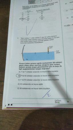 7.
A)
B)
C)
(E)
Frekans
(Hertz)
Buna göre, en tiz isitilen ve en büyük dalga boylu nota
aşağıdakilerin hangisinde bir arada doğru olarak
verilmiştir?
En tiz
Do
Do
Re
Mi
Mi
261.6
Su
293.7
En büyük dalga boylu
Do
Mi
MI
Do
Re
Tepe noktası T, odak noktası F olan bir çukur aynanın
bulunduğu ortam aynanın asal eksenine kadar su ile dolu
olup kurşun kalem suyun üzerinde şekilde verilen
konumda hareketsiz tutulmaktadır.
M
Kurşun
kalem
..Asal
eksen
Kurşun kalem aynanın eğrilik merkezinden (M noktası)
geçen düşey eksen üzerinde olduğuna göre, kurşun
kalemin aynada oluşan görüntüsünün yeri ve boyu ile
ilgili aşağıdakilerden hangisi doğrudur?
A) Tile F noktaları arasında ve boyca daha küçüktür.
B) F ile M noktaları arasında ve boyca daha büyüktür.
C) F ile M noktaları arasında ve boyca daha küçüktür.
D) M noktasında ve boyca eşittir.
E) M noktasında ve boyca daha büyüktür.
14
UcDört
Bes
B)
C)
D)
38
Rönt
Tuz
Be