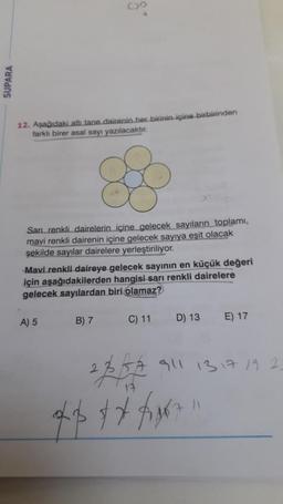 SUPARA
12. Aşağıdaki altı tane dairenin her birinin içine birbirinden
farklı birer asal sayı yazılacaktır.
San renkli dairelerin içine gelecek sayıların toplamı,
mavi renkli dairenin içine gelecek sayıya eşit olacak
şekilde sayılar dairelere yerleştiriliyor.
Mavi renkli daireye gelecek sayının en küçük değeri
için aşağıdakilerden hangisi sarı renkli dairelere
gelecek sayılardan biri olamaz?
A) 5
B) 7
C) 11
D) 13
E) 17
2754
*$$*$67
911 13 17 19 2