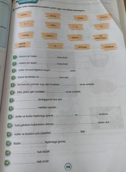 girerek
10
11
12
13
9
14
8
7
6
5
UYGULAMALA
Adida verilen ifadelerde boş bırakılan yerleri uygun sözcüklerle tamamlayınız.
1
3
bazlara
0-7
maviye
elektrik
akımını
Bazlanın pH değeri
Asitlerin pH değeri
Bazlar fenolftalein ile
Asitler turnusol kâğıdının rengini
Sirke, gazoz gibi maddeler
pembe
asitlere
Bazlar
asitler
Diş macunu, çamaşır suyu gibi maddeler
SU
Asitler ve bazlar tepkimeye girerek.
metalleri aşındırır.
Fosil yakıtların kullanımının artması.
Asitler ve bazların sulu çözeltileri..
ele kayganlık hissi verir.
arasındadır.
tadı ekşidir.
tadı acıdır.
arasındadır.
renk verir.
tepkimeye girmez.
7-14
çevirir.
113
asitlerin
bazlar
örnek verilebilir.
ve
kırmızıya
örnek verilebilir.
iletir.
bazların
tuz
asit
yağmurlanna
metallerle
oluşturur.
neden olur.