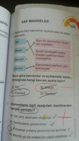 APISI
sine
"e
1
SAF MADDELER
Aşağıda bazı kavramlar açıklamalar ile sey
tirilecektir.
Saf
Bileşik
Element
Sembol
Aynı tür atomlardan oluşan
saf maddedir.
A) Saf
C) Element
Içinde kendinden başka
madde bulundurmayan
maddelerdir.
Elementlerin hartierie gts-
terilmesidir.
Buna göre kavramlar ve açıklamalar eşleş
tirildiğinde hangi kavram açıkta kalır?
B Bileşik
D) Sembol
2. Elementlerle ilgili aşağıdaki özelliklerden
hangisi yanlıştır?
A) Tek cins atomdan oluşurlar.
V
B) Sembollerle gösterilirler. V
C Kimyasal yollarla protonlarına ayrılırlar. X
D) Atomik ya da moleküler yapılı olabilirler. V