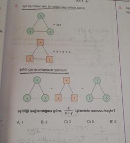 en
xyz üç basamaklı bir doğal sayı olmak üzere,
y
A) 1
X
X
Z
Z
= xyz
şeklinde tanımlamalar yapılıyor.
= x+y+z
Z 20
y
eşitliği sağlandığına göre,
X
Z
x+y
C) 3
N
R
B) 2
xyz + x
100x + 1/4+22=135
3
işleminin sonucu kaçtır?
D) 6
135
5
E) 8
5.
Aşa
kan