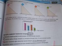 geçip
eril
em dades cisimlerle aşağıdaki düzenekleri kurmuştur.
L cismi
11
M cismi
lib
| || III IV
doğru fırlatıyor. Ilk süratleri farklı olan K, L, M ve N cisimlerinin zemine ulaştığı andaki süratleri birbirine eşittir
Görkem, özdeş cisimleri, sürtünme kuvvetleri grafikte verilmiş olan I, II, III ve IV numaralı eğik düzlemlerden aşağı
Sürtünme kuvveti (N)
→Eğik düzlemler
IV
Buna göre, aşağıdaki ifadelerden hangisi yanlıştır?
A) cisminin başlangıçtaki kinetik enerjisi, M cismininkinden büyüktür.
L cisminin sahip olduğu enerjinin isi enerjisine dönüşen kısmı, N cismininkinden büyüktür.
CM cismi I numaralı eğik düzlemde hareket etseydi, son hızı daha büyük olurdu.
BN cisminin toplam enerjisinin bir kısmı hareket boyunca isi enerjisine dönüşmüştür.
