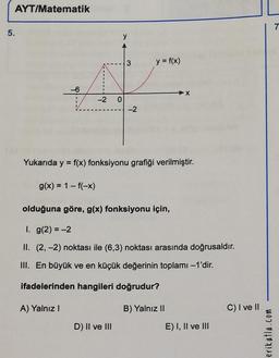 AYT/Matematik
5.
-6
-2
0
3
D) II ve III
-2
y = f(x)
Yukarıda y = f(x) fonksiyonu grafiği verilmiştir.
g(x) = 1 - f(-x)
olduğuna göre, g(x) fonksiyonu için,
1. g(2) = -2
II. (2,-2) noktası ile (6,3) noktası arasında doğrusaldır.
III. En büyük ve en küçük değerinin toplamı –1'dir.
ifadelerinden hangileri doğrudur?
A) Yalnız I
B) Yalnız II
E) I, II ve III
C) I ve II
erikatla.com