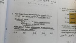 unan
51.2.2.2. = 2.5!
1651 E) 41.81
3. Asal Çarpanlarına ayrıldığında her bir asal çarpanın
kuvveti 1 olan pozitif sayılara "karesiz sayı" denir.
Örneğin, 42 sayısı
42=21.31.71 biçiminde çarpanlarına
ayrıldığından bir karesiz sayıdır.
Buna göre, 7 ile tam bölünebilen iki basamaklı kaç
farklı karesiz sayı vardır?
A) 3
B) 4
C) 5
D) 6
E) 7
6. Mustafa Bey bahçesini aş
zeytin veya incir fidanı dil
1. Sıra
2. Sira
3. Sıra
25
Mustafa Bey'in 4 farklı in
2. sıraya sadece incir fid
Buna göre, Mustafa Be
açtığı çukurlara kaç far
AT-51 BT-51
€61