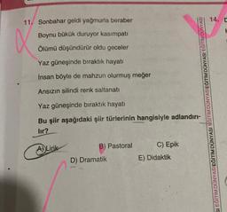 11. Sonbahar geldi yağmurla beraber
Boynu bükük duruyor kasımpatı
Ölümü düşündürür oldu geceler
Yaz güneşinde bıraktık hayatı
İnsan böyle de mahzun olurmuş meğer
Ansızın silindi renk saltanatı
Yaz güneşinde bıraktık hayatı
Bu şiir aşağıdaki şiir türlerinin hangisiyle adlandırı-
lir?
A) Lirik
B) Pastoral
D) Dramatik
C) Epik
SI EĞİTİM DÜNYASIEĞİTİM DÜNYASI EĞİTİM DÜNYASIEĞİTİM DÜNYASI EĞİTİM DÜNYASI
E) Didaktik
14. C
F