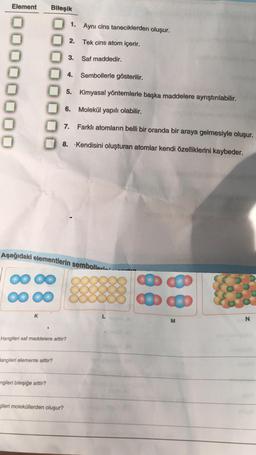 Element Bileşik
∞∞
∞
K
langileri elemente aittir?
ngileri bileşiğe aittir?
Aşağıdaki elementlerin sembolleri
Hangileri saf maddelere aittir?
1. Aynı cins taneciklerden oluşur.
2.
Tek cins atom içerir.
3.
7.
gileri moleküllerden oluşur?
4. Sembollerle gösterilir.
5.
6.
Saf maddedir.
Kimyasal yöntemlerle başka maddelere ayrıştırılabilir.
Molekül yapılı olabilir.
Farklı atomların belli bir oranda bir araya gelmesiyle oluşur.
8. Kendisini oluşturan atomlar kendi özelliklerini kaybeder.
L
88
88
M
PA
N
nool