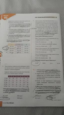 (
HELVUM
02
DENEME
9. Tufan ve Serdar, Mersin'de 52 katli binanın 10 ka
tinda asansöre binerler Fen Bilimleri dersinde og
rendikleri bir örnek üzerine konuşmaya başlarlar
Tutan "Çuha bitkisi 15-25 "C sicaklida bir ortam
da iken kırmızı renkli çiçek açarken sicaklik 30-35
Colduğunda beyaz renkli çiçek açar. Bu duruma
il Homozigot baskin karaktere sahip bir bitki hadi verilir" der ve elder. Ben sana bazi ome
ler vereceğim, sen: "bu ómekle ayni" ya da bu or
nekten farkdi" diye cevap vereceksin. Her yanig on-
vabinda asansöper Sapher doğru ceepin
da ise asansörd 10 kat yuken çıkaracağız
Serdar taklifini-nbul eder.vn başlarlar.
A)
Asagida bazi karakterler bakimindan yapılan çap
razlamaların açıklamalan verilmiştir
III. Heterezigot karaktere sahip iki bitki çaprazlands-
ginda oluşan döller hem baskın, hemde çeknik
karaktere sahip olabilir
8
es
D)
Homozigot çekinik katakders dahip bir bitki, bas
in fenotipe sahip bir Dikicaprazlandığında
yen oluşan dollarin tenotind usini göstere
Açıklamalara göre bu bitkilerin çaprazlamaları
hangi seçenekteki gibi olabilir?
mozigot cekinik karaktere sahip bir bitki ile cap-
razlandığında oluşan tüm döller baskın karakte
re sahip olur.
A) 1 ve 5
Cives
1
Aa x Aa
Aa x aa
AA x aa
Aa x air
11
aa x aa
VAAX as
AA x aa
Ax aa
8. Yavru canlıların atalarına ya da akrabaların birbiri-
ne benzemelerinin temel sebebi sahip oldukları
DNA'ların nükleotit dizilişleridir.
Aşağıdaki tabloda birbirine akraba olan 5 fare türü-
nün 6 tane nükleotit dizilimi verilmiştir.
& Sinif Fen Bilimleri
12
3
1. Tür A
G
C
2. Tür A
C
G
G
3. Tür
T
G
C C
A
4. Tür
C
G
G
A
A
A
5. Tür A T T C C G
Buna göre akrabalık bakımından birbirine en-ya-
kın olan iki tür aşağıdakilerden hangisinde doğ-
ru olarak verilmiştir?
111
AA x Aa
Aa x Aa
Aa x Aa
AA x AA
4
T
B) 2 ve 3
D) 3 ve 4
5
G
C
G
LGS FEN BİLİMLERİ DENEME SINAVI-02
6
A
T
Soru 1: Deve kuşlarının hızlı koşabilmek için uzun
ve güçlü bacaklarının olması
Cevap: Bu ömekle aynı
5
Soru 2: Bazı insanların altı parmaklı doğması
Cevap: bu örnekten farkli O
Soru 3: Sirke sineklerinin 18 "C'de doğartarsa kiv-
nk, 34 "C'de doğarlarsa düz kanatlı olması
Cevap: Bu örnekle aynı
10
Soru 4: Bukalemunun bulunduğu ortama ve duru-
ma göre renk değiştirmesi.
Cevap: Bu örnekten farkli S
Buna göre asansör kaçıncı katta durur?
A) 20
C) 5
B) 35
10. 1. Çiftlik hayvanlarının atklanndeleararlı fosfor bi-
leşiklerinin doğal yollarla azaltılması başarimişar
II. Organik atıkları parçalayan enzimlerin sentezini
sağlayan gen, kirli sularda yaşayan mikroorga-
nizmalara aktarılmış, bu sayede su kirliliği orta-
dan kaldırılmıştır.
III Kanser ve kalp hastalıklarının önlenmesinde
yüksek antioksidan vitaminlerinin üretilmesi
sağlanmıştır.
A Yalnız II
C) I ve IV
D) 50
IV Beyaz tüylü Himalaya tavşanlannin tüyü kazinip
buz bağlanmış ve siyah tüy çikarması sağlanmıştır.
Yukarıda verilentfadeterderhangileri biyotekno
loji uygulamalarına örnek olarak gösterilemer?
8 Yalnız Ill
DYalnız IV
ger sayfaya geçiniz