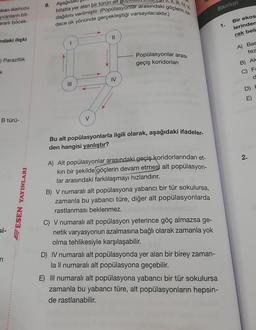 ban-domuzu
yvanların bit-
ararlı böcek-
ndaki ilişki
) Parazitlik
k
B türü-
si-
ESEN YAYINLARI
8.
III. IV. V
dağılımı verilmiştir. (Popülasyonlar arasındaki göçlerin sa-
dece ok yönünde gerçekleştiği varsayılacaktır.)
Aşağıdal
bitatta yer alan bir türün alt
1
|||
V
||
IV
Popülasyonlar arası
geçiş koridorları
Bu alt popülasyonlarla ilgili olarak, aşağıdaki ifadeler.
den hangisi yanlıştır?
A) Alt popülasyonlar arasındaki geçiş koridorlarından et-
kin bir şekilde göçlerin devam etmesi alt popülasyon-
lar arasındaki farklılaşmayı hızlandırır.
B) V numaralı alt popülasyona yabancı bir tür sokulursa,
zamanla bu yabancı türe, diğer alt popülasyonlarda
rastlanması beklenmez.
C) V numaralı alt popülasyon yeterince göç almazsa ge-
netik varyasyonun azalmasına bağlı olarak zamanla yok
olma tehlikesiyle karşılaşabilir.
D) IV numaralı alt popülasyonda yer alan bir birey zaman-
la Il numaralı alt popülasyona geçebilir.
Ekoloji
E) III numaralı alt popülasyona yabancı bir tür sokulursa
zamanla bu yabancı türe, alt popülasyonların hepsin-
de rastlanabilir.
1.
Bir ekos
lerinden
rak beli
A) Bas
tez
B) Ak
C) Fo
d
D) E
E)
2.