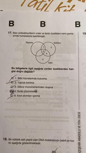 Il kit
B
B
17. Bazı polisakkaritlerin ortak ve farklı özellikleri venn şema-
sında numaralarla belirtilmiştir.
Nişasta
3
5
4
2
Kitin
Selüloz
Bu bölgelerle ilgili aşağıda verilen özelliklerden han-
gisi doğru değildir?
A) 1: Bitki hücrelerinde bulunma
B) 2:
